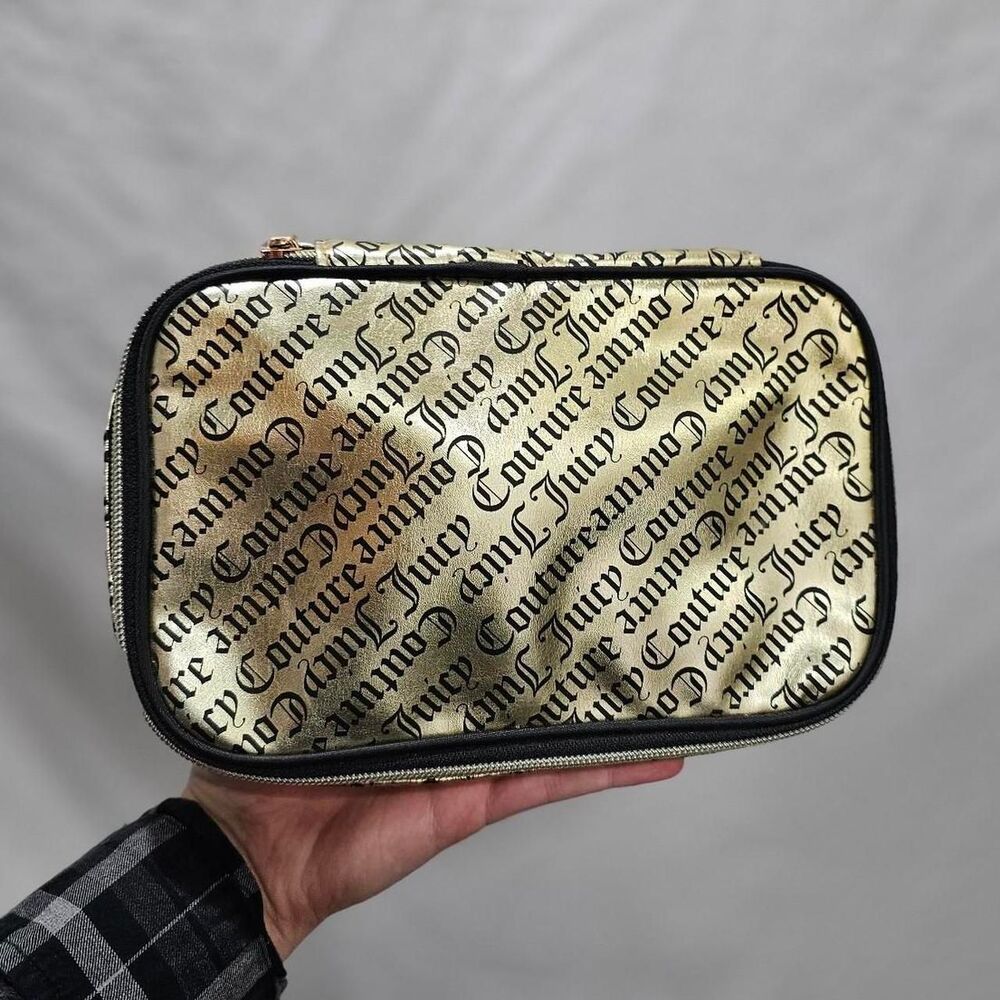 y2k 2000s gold black juicy couture makeup travel case